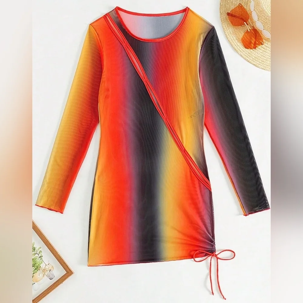 Multicolor Swim Gradient Long Sleeve‎ Cover-Up-(#1,476)